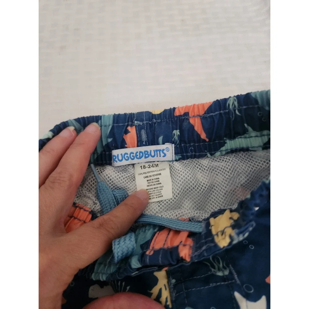 RuggedButts Boys Navy Sea Life Shark Stingray Swim Trunks Size 18-24M